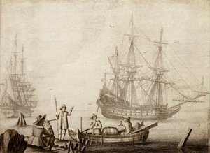 Männer in einem Boot in der Nähe von zwei niederländischen Schiffen