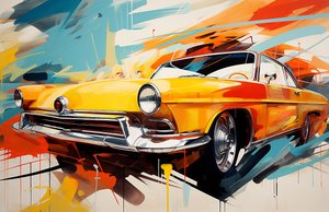 Abstraktes altes amerikanisches Auto, Gemälde der 70er & 60er Jahre, Wandkunstdruck von F. Abderrahim