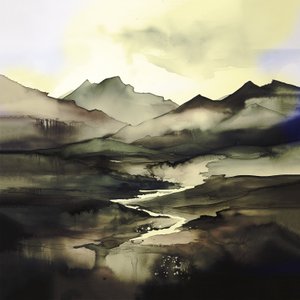 Abstrakte Aquarelllandschaft dunkelviolett & blau