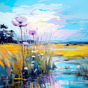 Blaue Blumen in Sonnenaufgangslandschaft