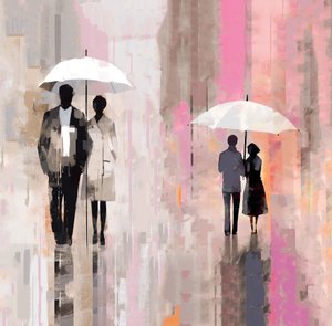Ethnisches Paar unter Regenschirm, abstraktes Ölgemälde im Regen, Wandkunstdruck