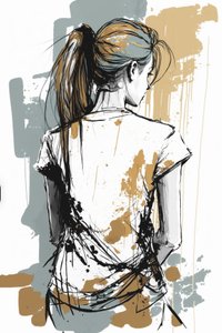 Mädchen von hinten gezeichnet, minimalistische chaotische Linien