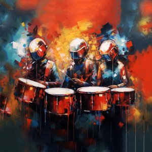 Gruppe von Musikern Schlagzeuger spielen Schlagzeug, Rockmusik, druckbare digitale Kunst von F. Abderrahim