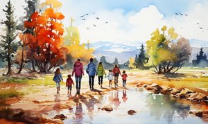 Naturwanderer, Landschaft mit Bergen, Bäumen und Wasser