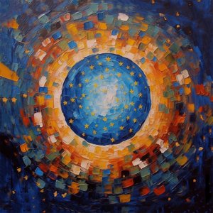 Sonnenuntergangs-Mosaikkunst, blau und orange