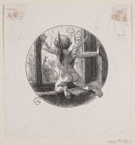 Runde Vignette mit fliegendem Engel von F. Hendriksen