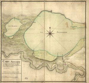 Spezialkarte des Verlaufs des St. Louis Flusses vom Wilden Dorf bis unterhalb des Detour aux Angloix, der Seen Pontchartrain & Maurepas und der Flüsse & Bayous, die dort münden von F. Saucier