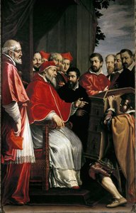 Michelangelo präsentiert Papst Julius III. das Modell des Gebäudes des Rota-Gerichts in der Giulia-Straße