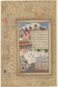 Ein betrunkener Babur kehrt nachts ins Lager zurück, ca. 1589 (Deckfarben und Gold auf Papier) von Farrukh Beg