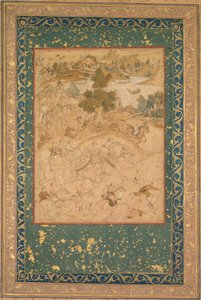 Akbar überwacht den Fang von Wildelefanten in Malwa im Jahr 1564, Malerei 90, ca. 1602-3 von Farukh Chela