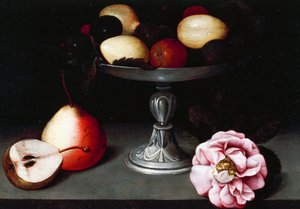 Stand mit Pflaumen, Birnen und einer Rose, ca. 1602, von Fede Galizia (1578-1630)