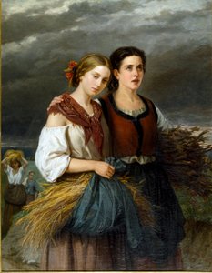 Rückkehr von den Feldern. Zwei junge Bauern mit Weizenkörnern in ihren Schürzen stehen zusammen von Federica Giuseppina Gervasoni Giuliano