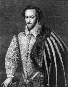 Porträt von Sir Walter Raleigh (1554 - 1618), englischer Navigator, Höfling und Schriftsteller. Gravur nach einem Gemälde, das Federico Zuccaro (oder Zuccari) (1549 - 1609) zugeschrieben wird, von 1588. von Federico (after) Zuccari or Zuccaro