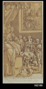 Kaiser Heinrich IV. (1050-1106) zu Füßen von Papst Gregor VII. (1020-85), graviert von Nicolas Le Sueur (1691-1764)