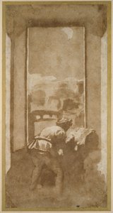 Mann, der bei Mondschein aus dem Fenster eines Hauses zeichnet (Feder und Tinte mit Waschung auf Papier) von Federico Zuccaro