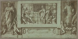 Die heilige Katharina im Gefängnis, die Kaiserin Faustina zum Christentum bekehrt, flankiert von den Heiligen Saturnius und Simon