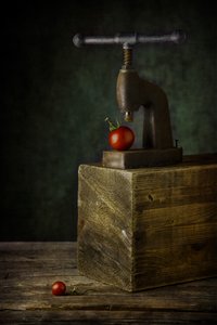 Vintage Tomatenpresse Stillleben von Felice Angelino