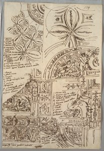 Dekorative Studien von Decken mit Grotesken; Studien eines Denkmals mit päpstlichem Siegel, Sisto V