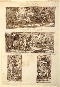 Vier Zeichnungen des Mythos von Apollo; Dekoration einer Wand über einem Kamin, Sala di Apollo, Palazzo Cavina, Faenza