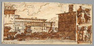 Skizzenbuchseite, Folio 57: Studie nach Piazza Emmanuelle in Bologna; Verso, Architekturdetail