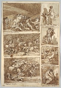 Skizzenbuchseite: Studien nach Gemälden in Ferrara, Rom, Bologna, Mantua nach Künstlern Tibaldi, Raphael, Andrea del Sarto und Polidoro; Rückseite: Vogelskelett und Pferdekopf von Felice Giani