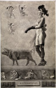 Pornokrates (Nackte Frau, Augenbinde, umgeben von Engeln und hält ein Schwein an der Leine) - Zeichnung von Felicien Rops (1833-1898)