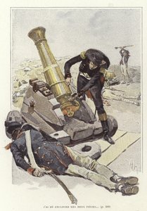 Ein Soldat inspiziert eine Kanone neben dem Leichnam eines toten Soldaten von Felicien baron de Myrbach Rheinfeld