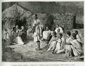Ein Asmari, ein Wandersänger. Gravur von F. De Myrbach, nach einer Fotografie, zur Illustration der Geschichte Voyage au Choa (südliches Abessinien), 1884-1888, von Henry Audon, in Le Tour du monde 1889, unter der Leitung von Edouard Charton (1807-1890), H von Felicien baron de Myrbach Rheinfeld