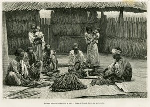Einheimische bei der Tabakherstellung. Gravur von Myrbach zur Illustration der Geschichte Luçon und Palawan, sechs Jahre auf den Philippinen, von Alfred Marche (1844-1898), in Le Tour du monde 1886, unter der Leitung von Edouard Charton (1807-1890), Hachet von Felicien baron de Myrbach Rheinfeld