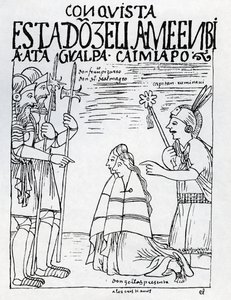 Kapitän Ruminavi präsentiert Francisco Pizarro und Diego de Almagro zwei Frauen