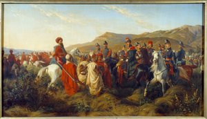 Eroberung Algeriens (1830-1847): Episode der Algerienkampagne 1840 - der Herzog von Orleans Ferdinand Philippe (1810-1842), Sohn von König Louis Philippe I., gewährt zwei arabischen Gefangenen die Freiheit von Felix (after) Philippoteaux