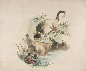 Dekoration für einen Teller: Eine Katze jagt eine Krabbe, 1850-1914