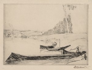 Kleine Fähren am Ufer der Seine, um 1858