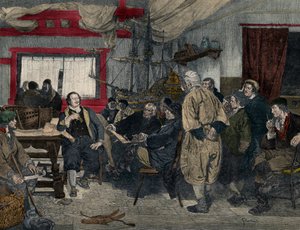Peter I. der Große (1672-1725) im Jahr 1697 beim Eintritt in Holland zum Schiffbau. Nach dem Gemälde von Felix Cogen von Felix Cogen