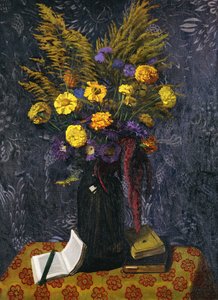 Französische Ringelblume, violette Gänseblümchen und goldene Garben