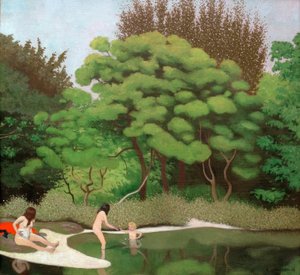 Waldlandschaft bei Sonnenschein, mit zwei Frauen und einem Kind von Felix Edouard Vallotton