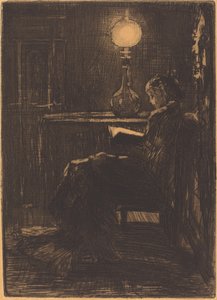 Leserin bei Lampe von Felix Hilaire Buhot