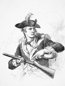 Ein amerikanischer Soldat während des Unabhängigkeitskrieges, der sein Pulverhorn benutzt, um die Pfanne seines Steinschlossmuskets zu füllen, graviert von A. Bollett von Felix Octavius Carr (after) Darley