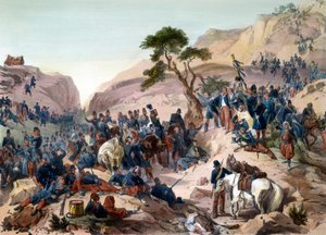 Episode der Eroberung Algeriens im Jahr 1840 - Schlacht am Mouzaia-Pass (1840) - Der Herzog von Orleans übt das Kommando in der französischen Armee aus - Gravur von Philippoteaux - Die französische Armee gewinnt die Schlacht um den Bergpass von Mouzaia am  von Felix Philippoteaux