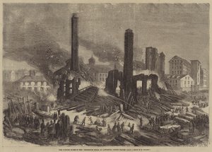 Die brennenden Ruinen der Pemberton Mills in Lawrence, USA