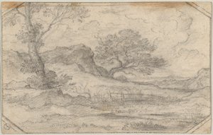 Ideallandschaft mit zwei Bäumen und Felsmassiv von Ferdinand (Johann Heinrich Ferdinand) von Olivier