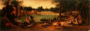 Die Wildschweinjagd: Ein Paar Landschaften von Ferdinand Bol