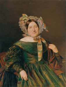 Frau in grünem, lachsrot changierendem Kleid