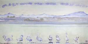 Neun Schwäne vor einer bergigen Landschaft, 1915 von Ferdinand Hodler