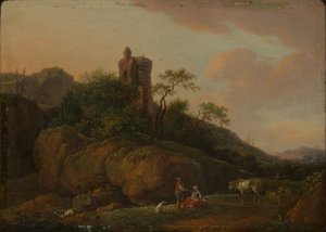 Burgruine mit Hirten und Herde von Ferdinand Kobell