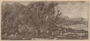 Hirten mit ihrer Herde, die einen Bach durchqueren