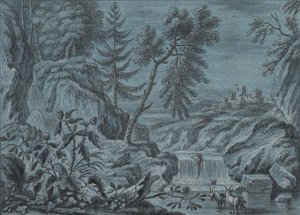 Südliche Landschaft mit Wasserfall und Ziegen, spätes 18. Jahrhundert