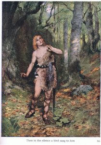 Dann sang in der Stille ein Vogel für ihn, Illustration aus Die Geschichten von Wagners Opern, veröffentlicht von George Harrap & Co Ltd, 1932 von Ferdinand Lecke