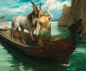 Siegfrieds Reise zum Rhein. Die Götterdämmerung. Sänger Hubert Leuer als Siegfried, 1908 von Ferdinand Leeke