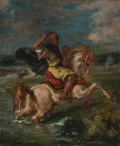 Marokkanischer Reiter überquert eine Furt, ca. 1850